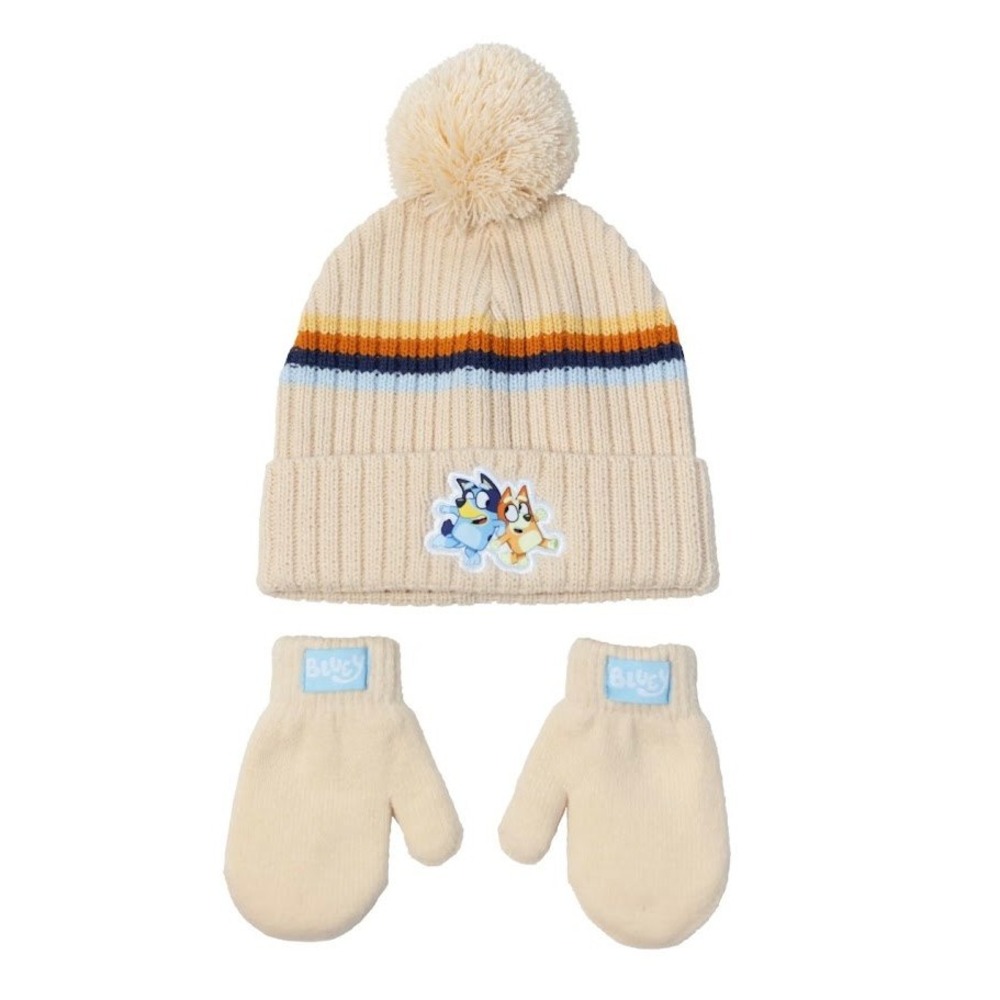Bluey Toddler Beanie and Mittens Set Cream Striped Knit Hat Pom Pom NWT